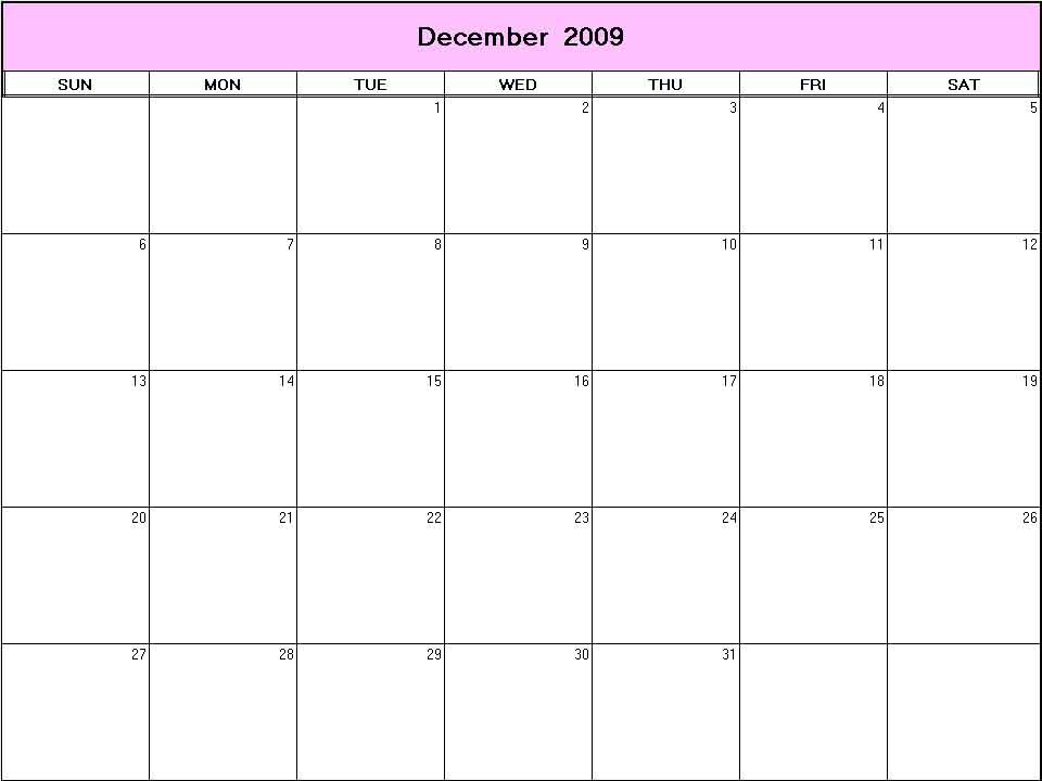 printable blank calendar image for December 2009