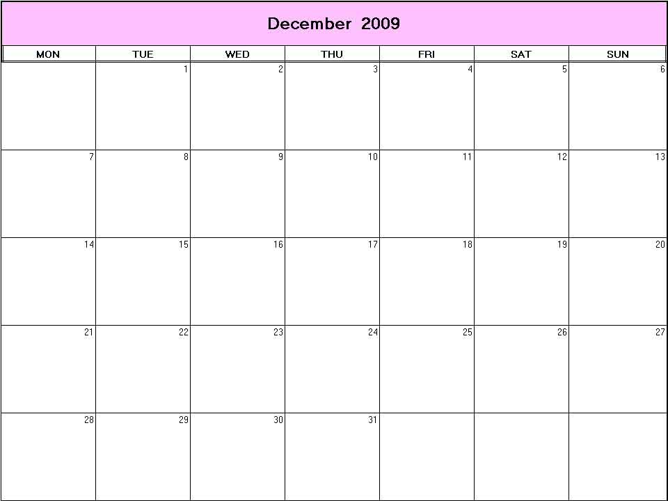 printable blank calendar image for December 2009
