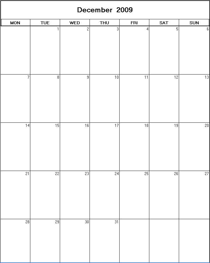 printable blank calendar image for December 2009