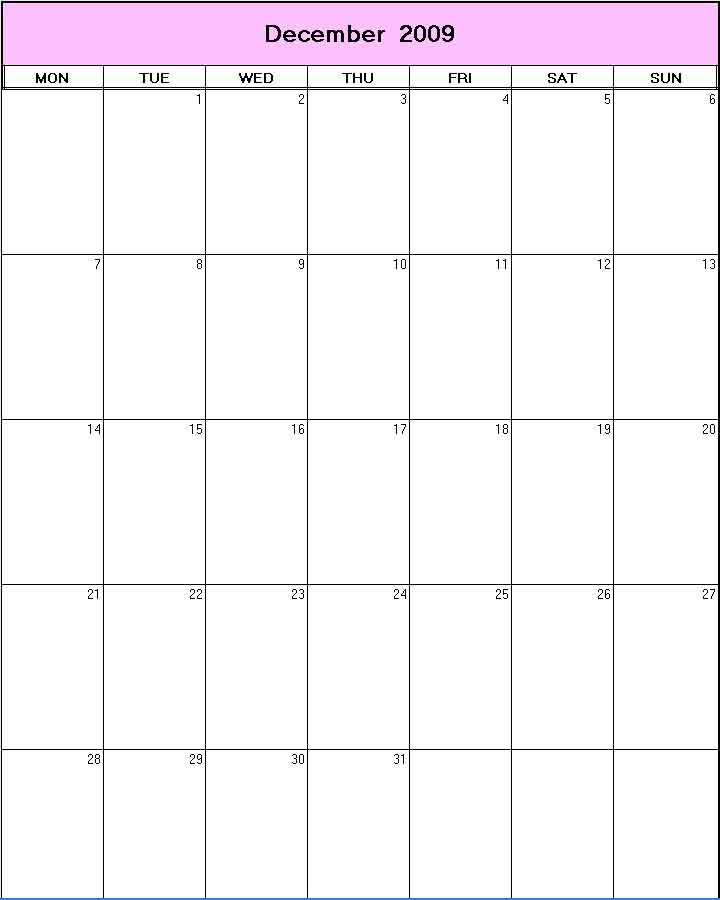 printable blank calendar image for December 2009