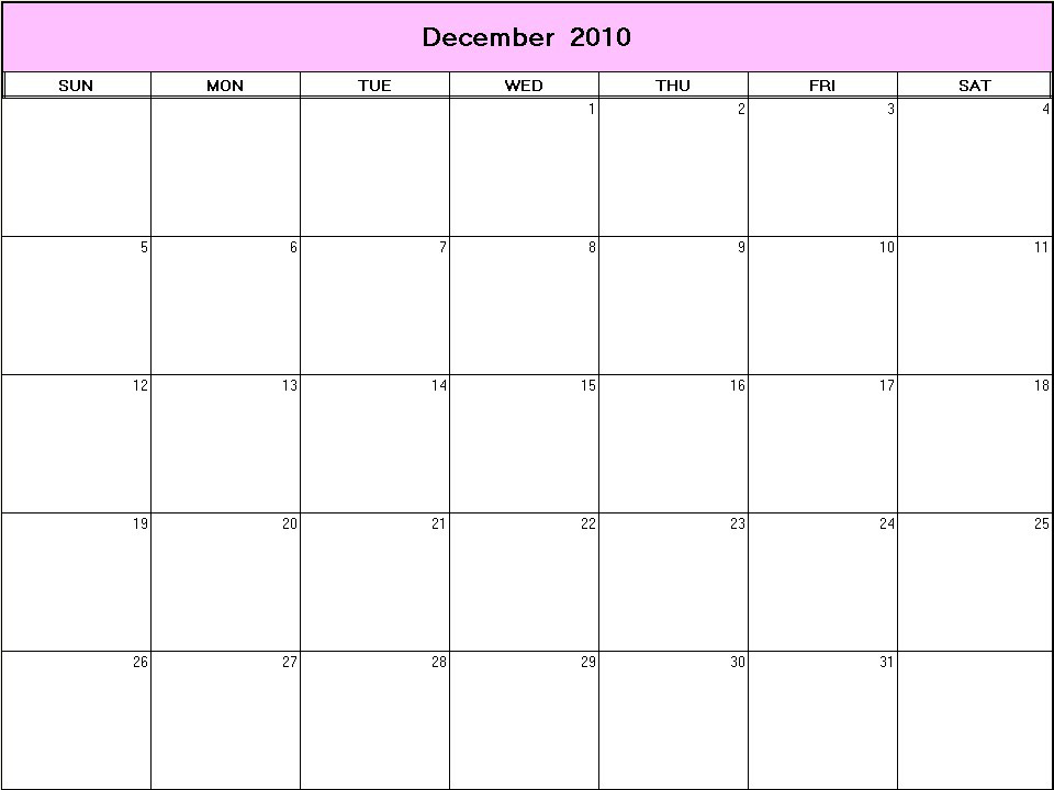 printable blank calendar image for December 2010