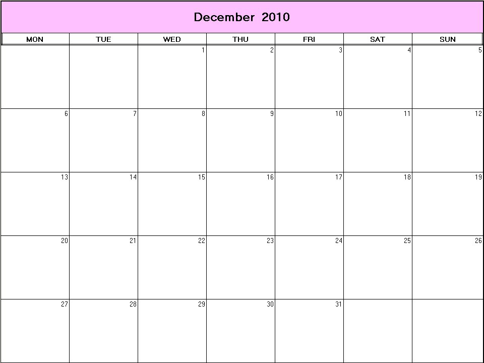 printable blank calendar image for December 2010