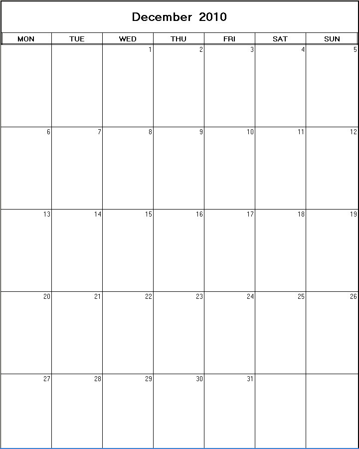 printable blank calendar image for December 2010