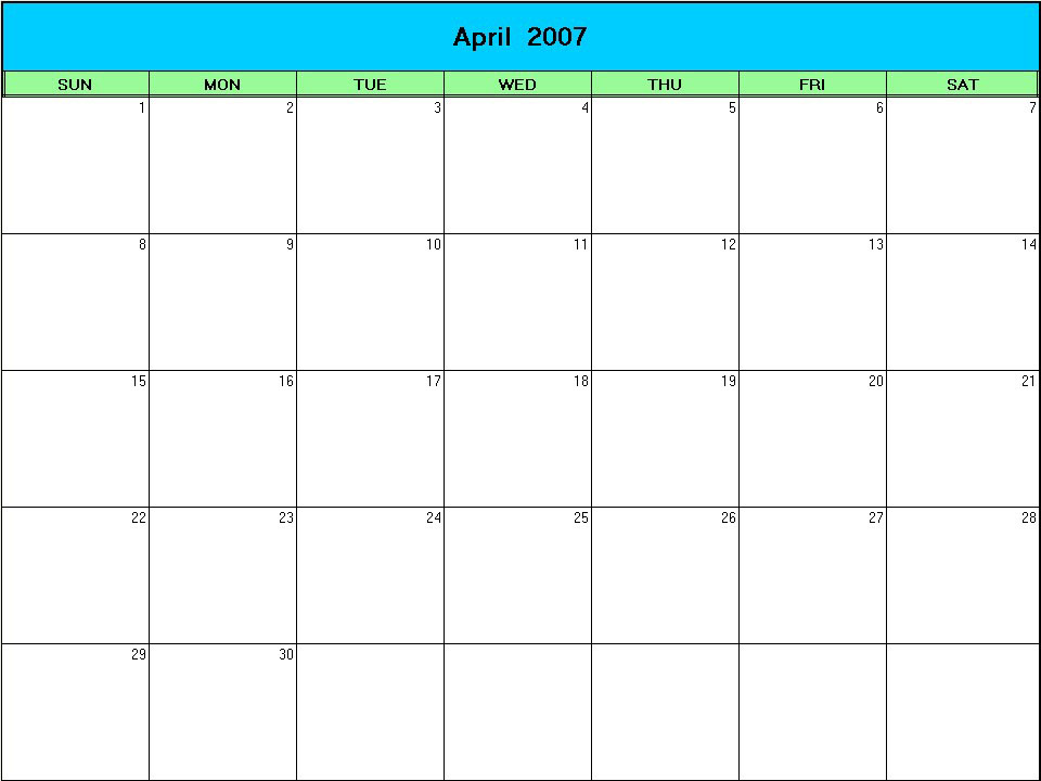 printable blank calendar image for Easter 2007