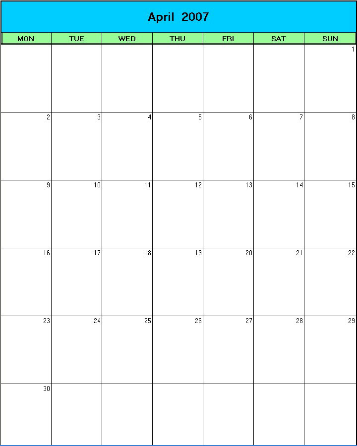 printable blank calendar image for Easter 2007