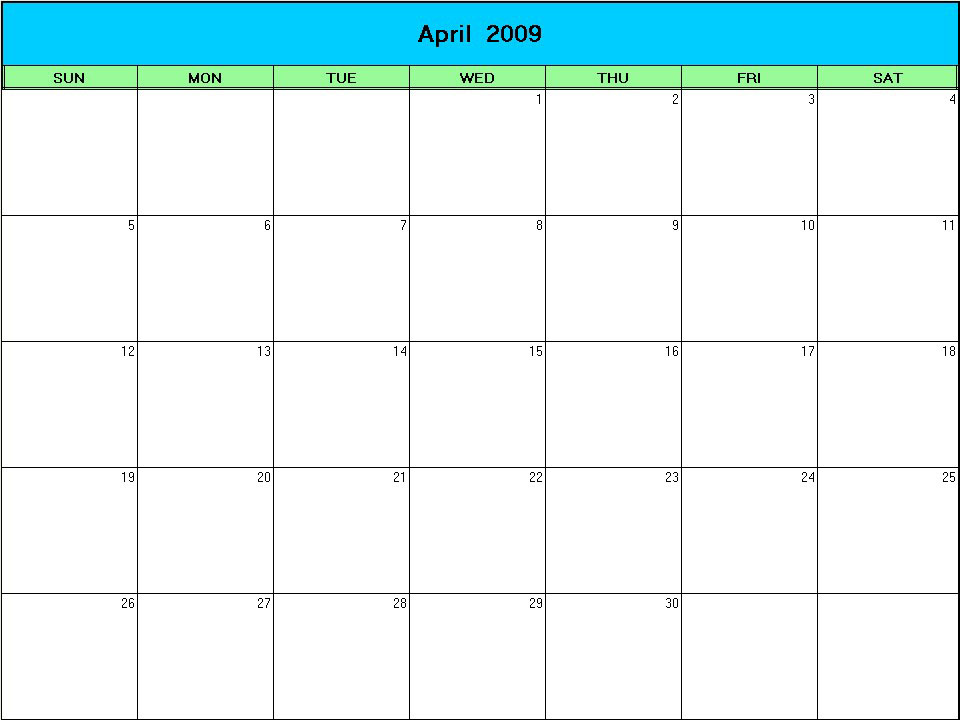 printable blank calendar image for Easter 2009