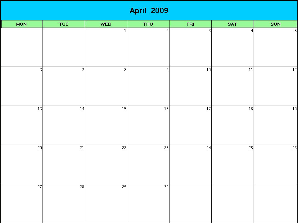 printable blank calendar image for Easter 2009
