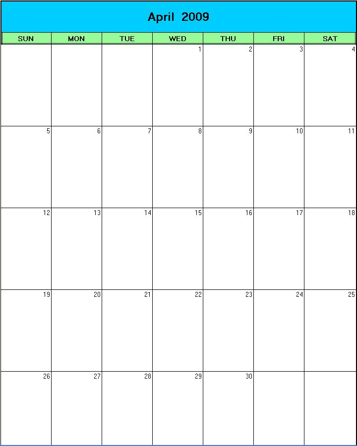 printable blank calendar image for Easter 2009