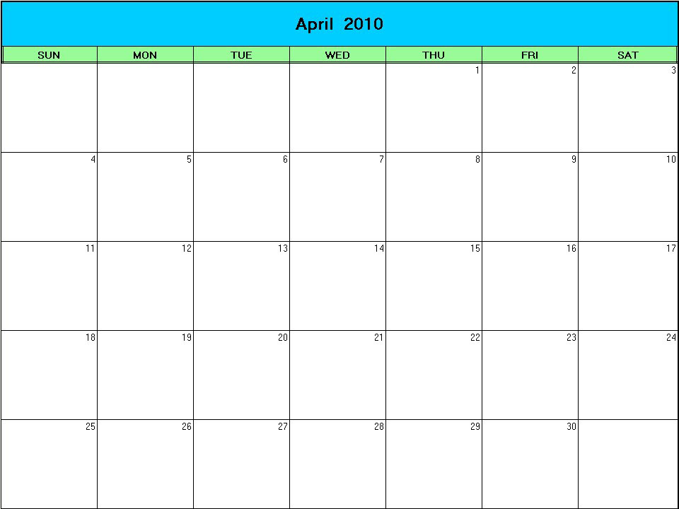 printable blank calendar image for Easter 2010