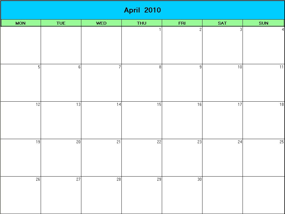 printable blank calendar image for Easter 2010