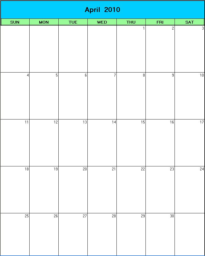 printable blank calendar image for Easter 2010