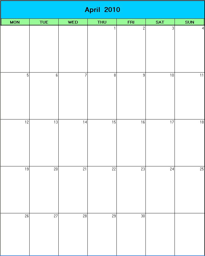 printable blank calendar image for Easter 2010