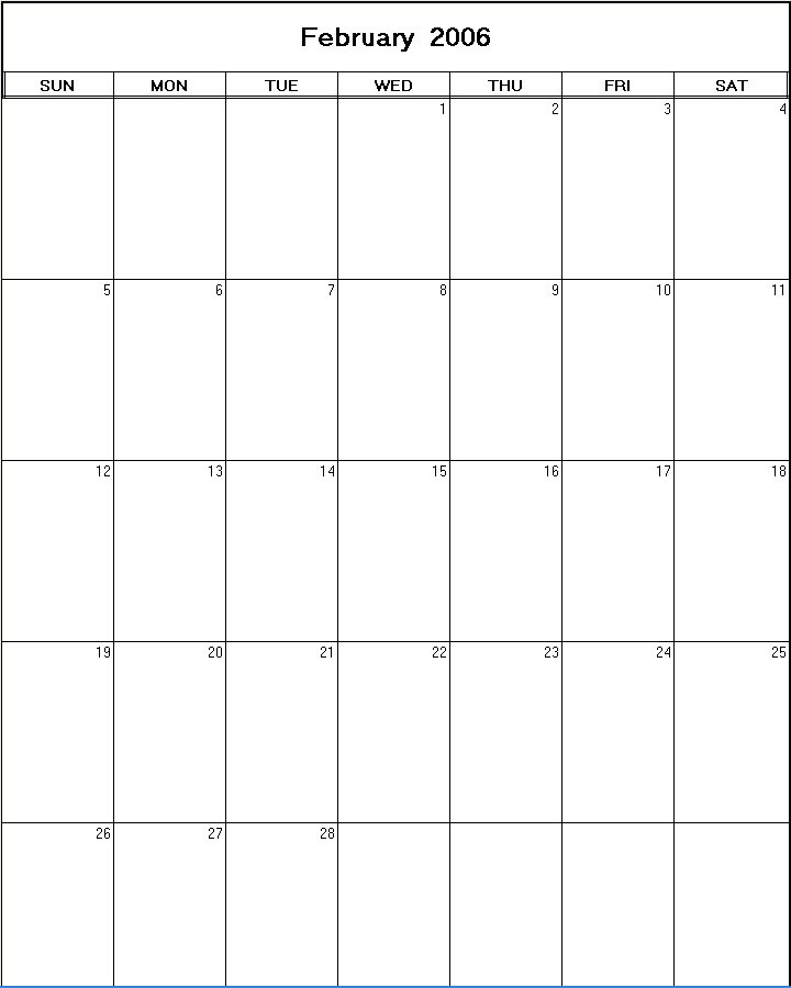 printable blank calendar image for February 2006