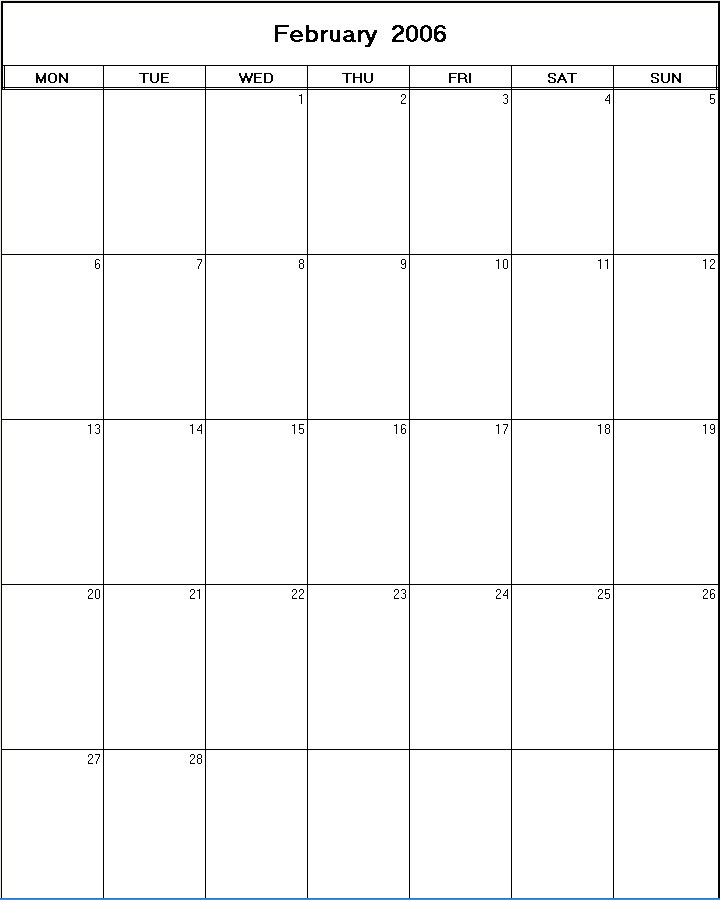 printable blank calendar image for February 2006