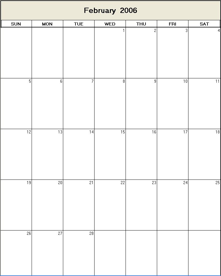 printable blank calendar image for February 2006