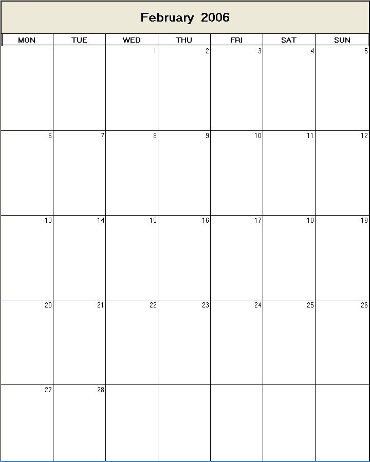 printable blank calendar image for February 2006