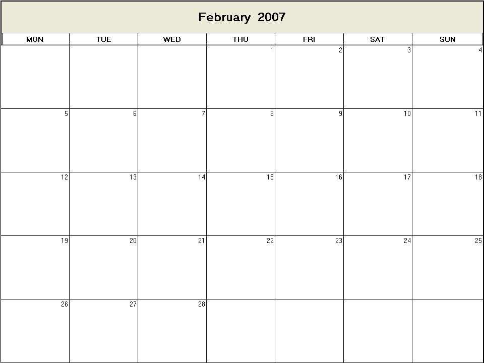 printable blank calendar image for February 2007
