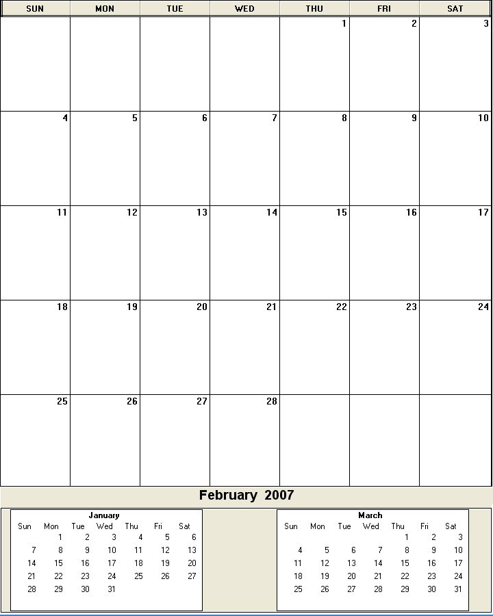 printable blank calendar image for February 2007