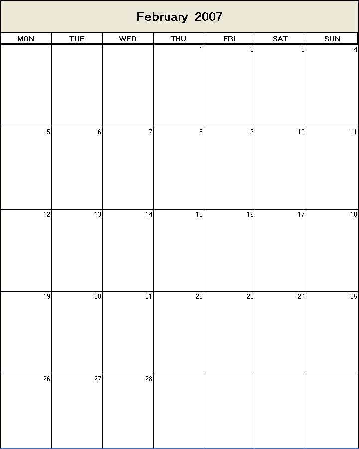 printable blank calendar image for February 2007