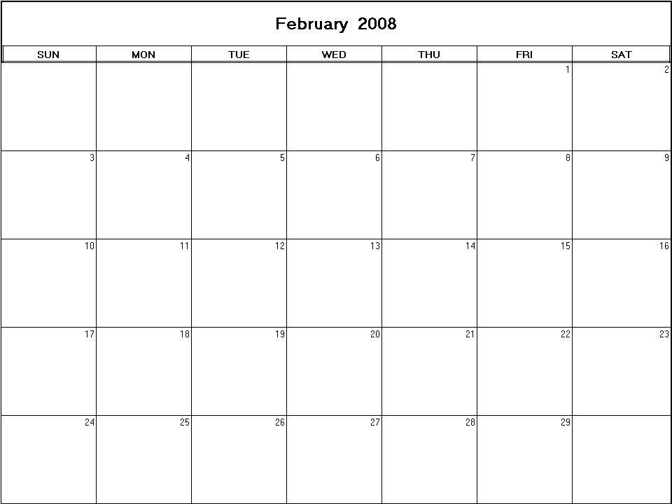 printable blank calendar image for February 2008