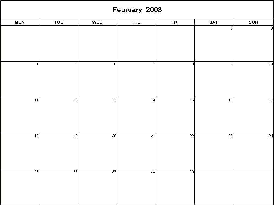 printable blank calendar image for February 2008