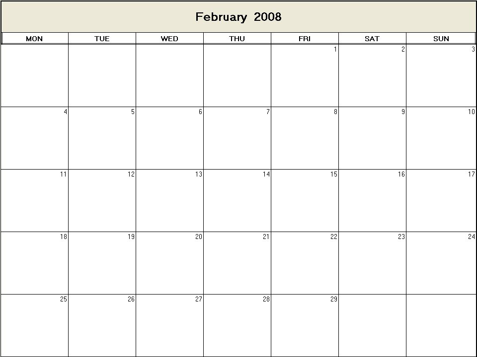 printable blank calendar image for February 2008