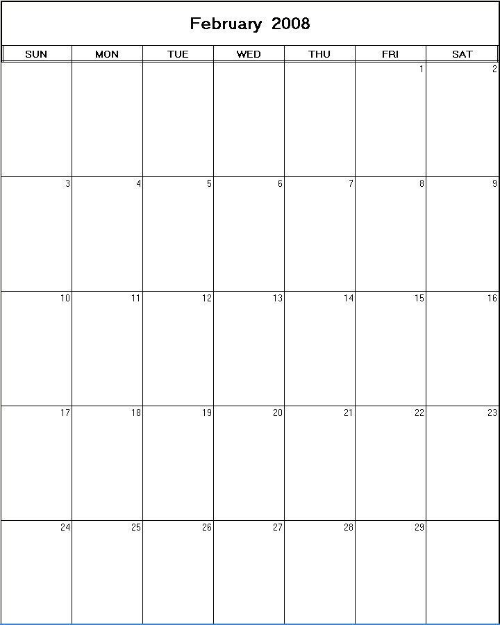 printable blank calendar image for February 2008