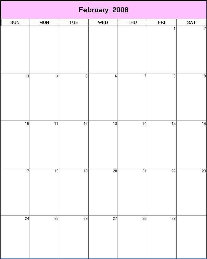 printable blank calendar image for February 2008