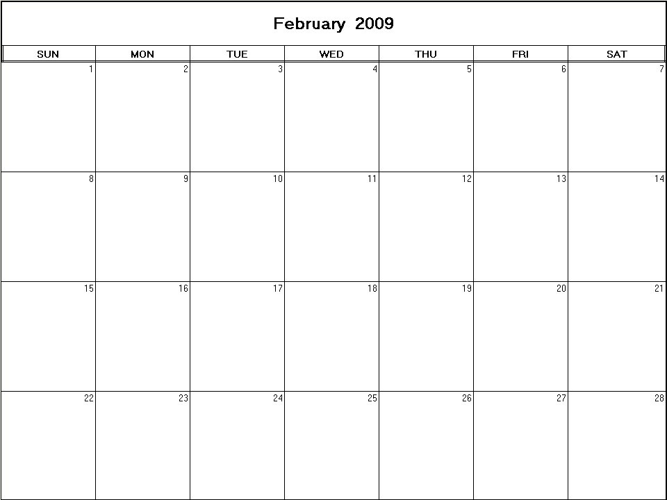 printable blank calendar image for February 2009