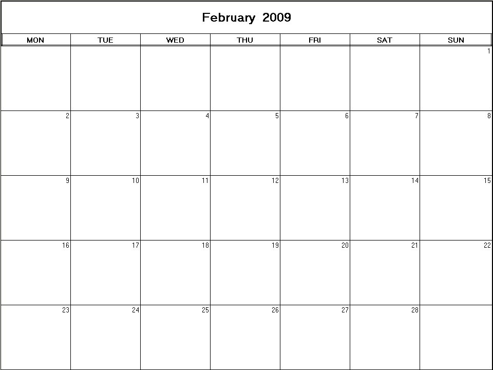 printable blank calendar image for February 2009