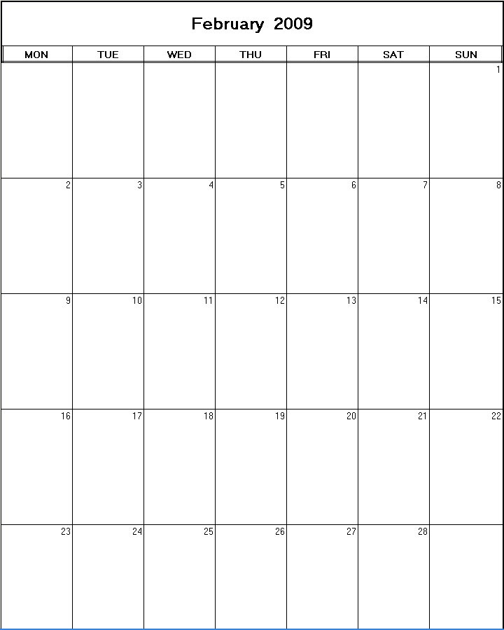 printable blank calendar image for February 2009