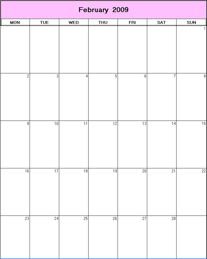 printable blank calendar image for February 2009