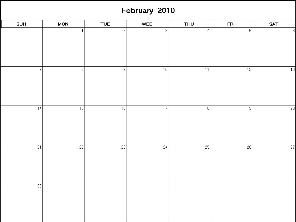 printable blank calendar image for February 2010