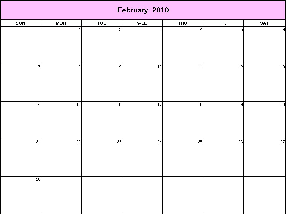printable blank calendar image for February 2010