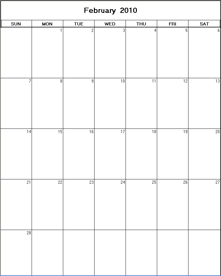 printable blank calendar image for February 2010