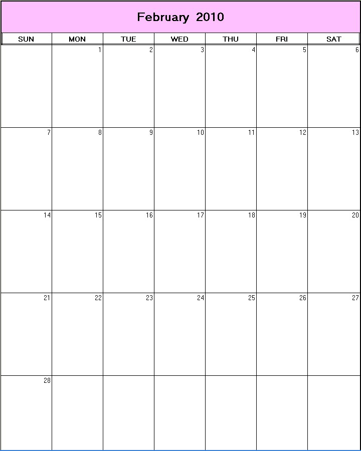 printable blank calendar image for February 2010