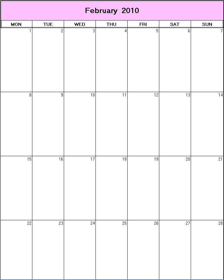 printable blank calendar image for February 2010