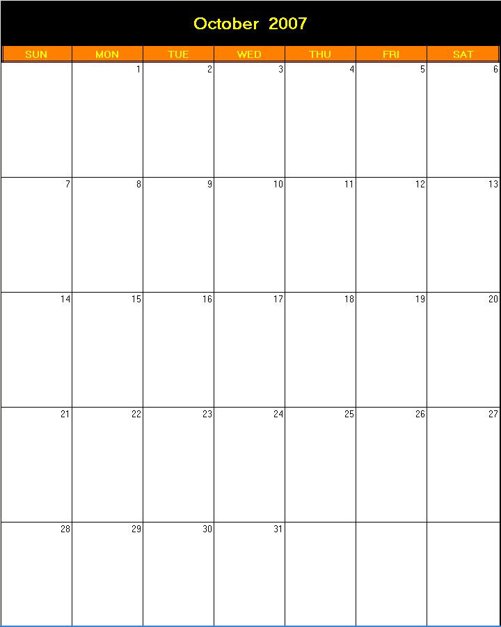 printable blank calendar image for Halloween 2007