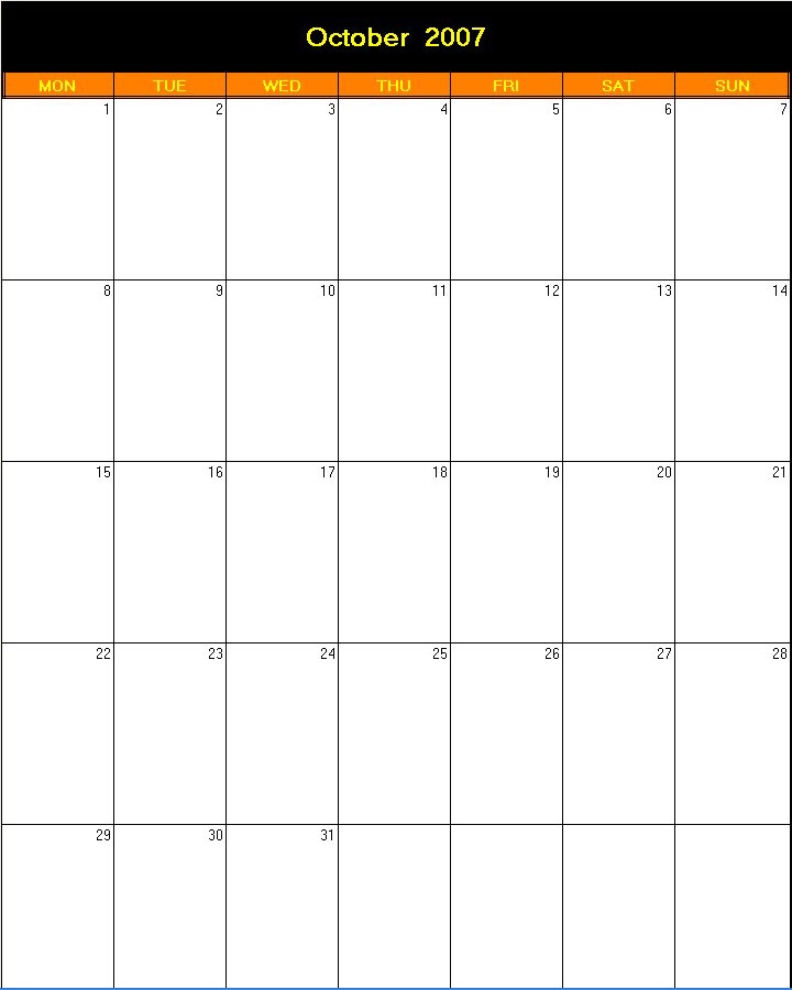 printable blank calendar image for Halloween 2007