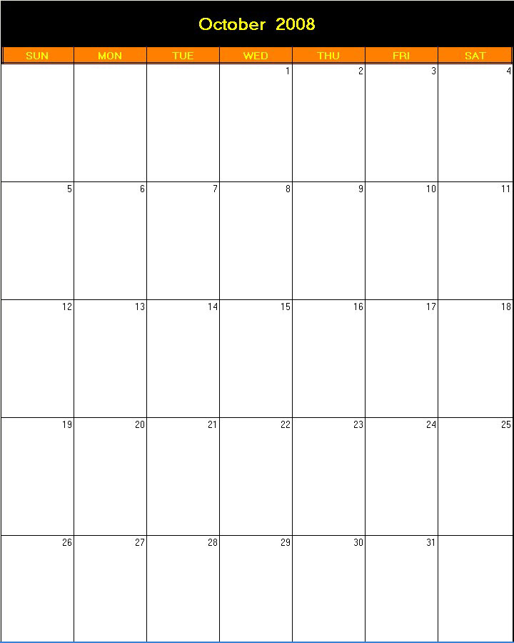 printable blank calendar image for Halloween 2008