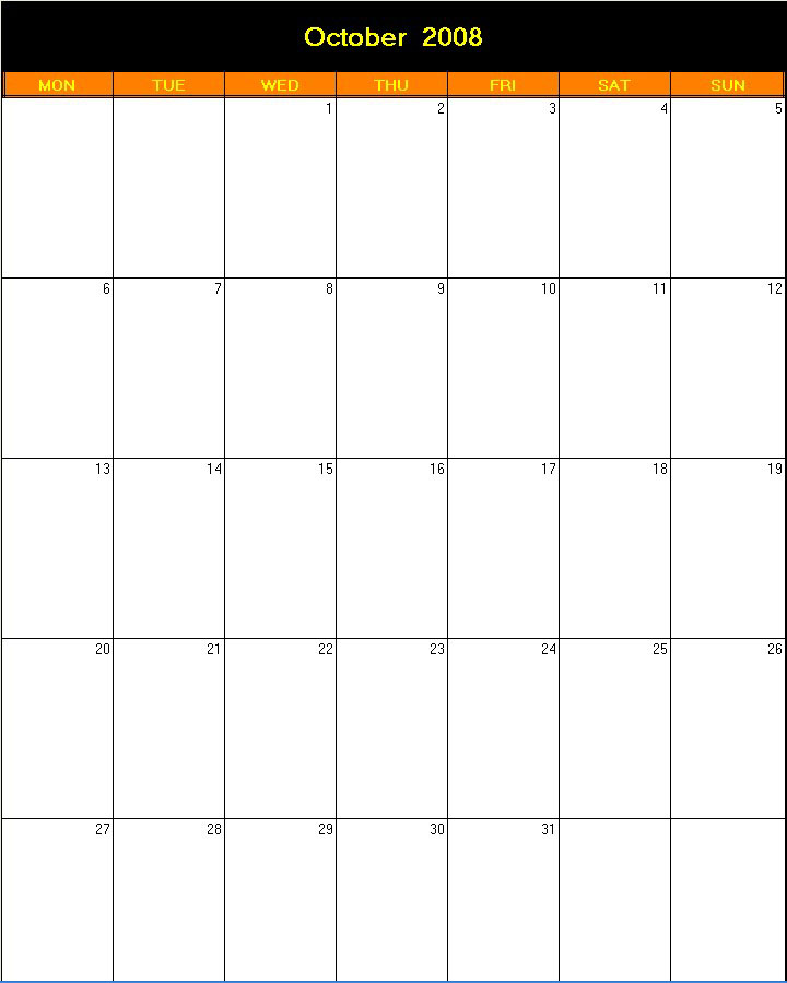 printable blank calendar image for Halloween 2008