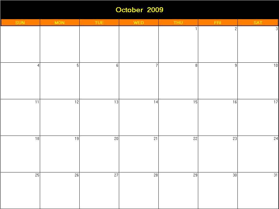 printable blank calendar image for Halloween 2009