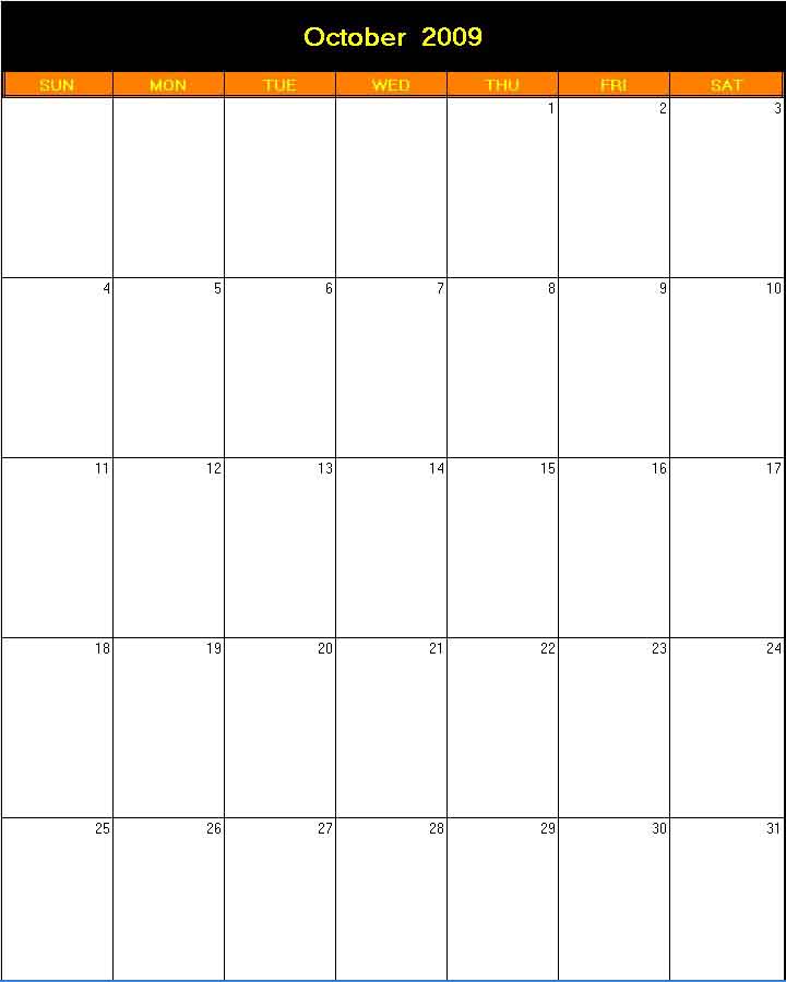 printable blank calendar image for Halloween 2009