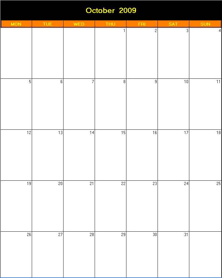 printable blank calendar image for Halloween 2009