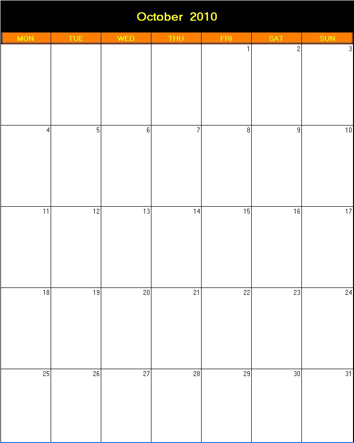 printable blank calendar image for Halloween 2010