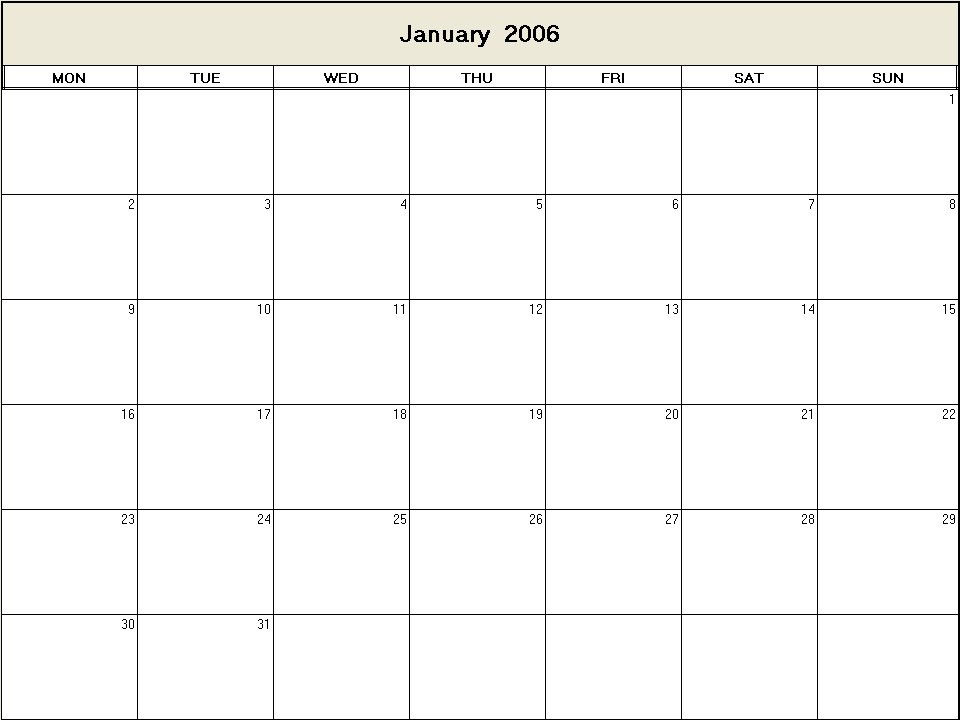 printable blank calendar image for January 2006