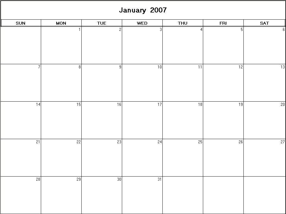 printable blank calendar image for January 2007
