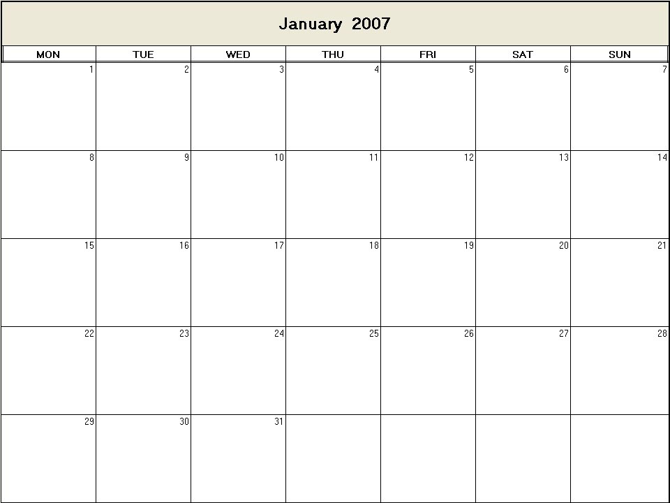 printable blank calendar image for January 2007