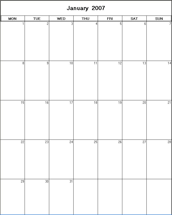 printable blank calendar image for January 2007