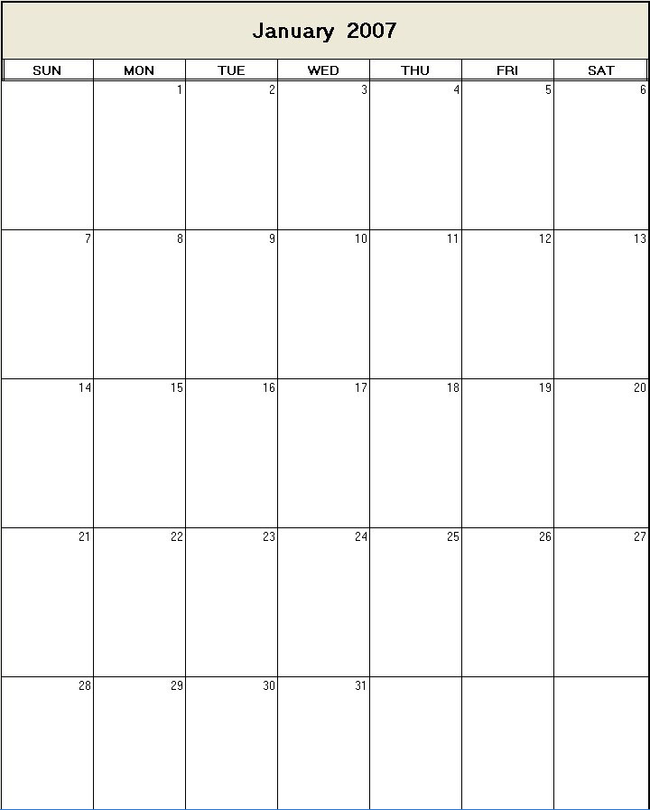printable blank calendar image for January 2007
